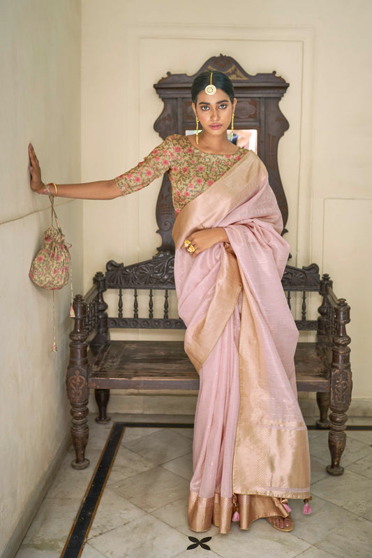 Powder Pink Zari Woven Organza Saree with Printed Blouse