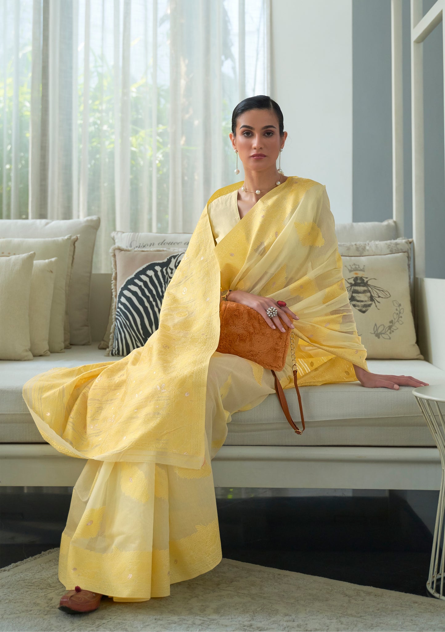 Light Yellow Pure Modal Silk Woven Lucknowi Saree