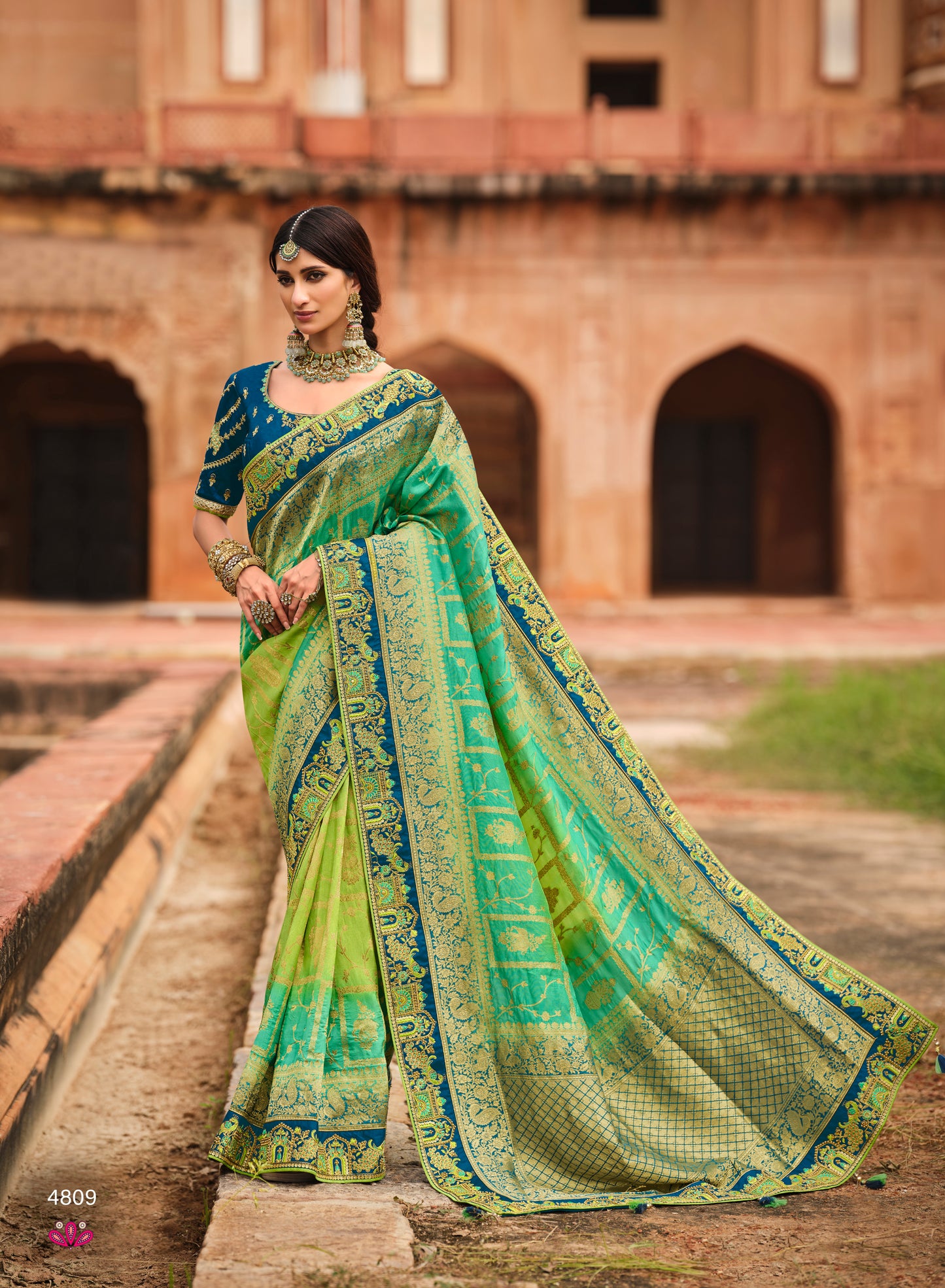 Peacock Green Heavy Bridal Embroidered Saree with Designer Embroiderd Blouse for Wedding Reception