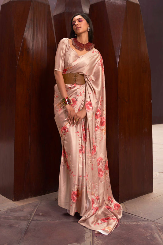 Pink Tan Floral 3D Printed Pure Satin Silk Saree for Weddings