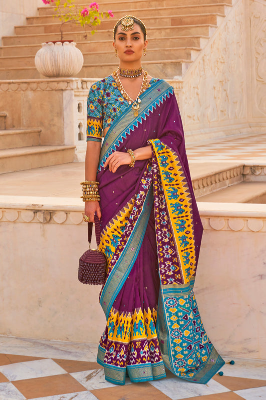 Deep Purple Patola Inspired Designer Embellished Bordered Saree