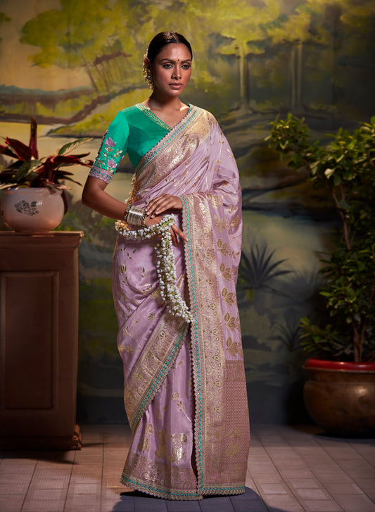 Pastel Lilac Woven Banarasi Designer Saree with Teal Blouse