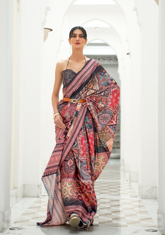 Multicolored Abstract Printed Designer Pure Satin Silk Saree with Blouse