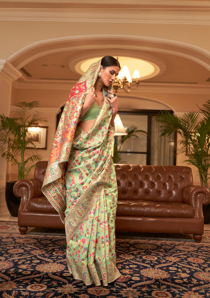 Pistachio Green Kashmiri Handloom Modal Silk Woven Kani Saree for Weddings