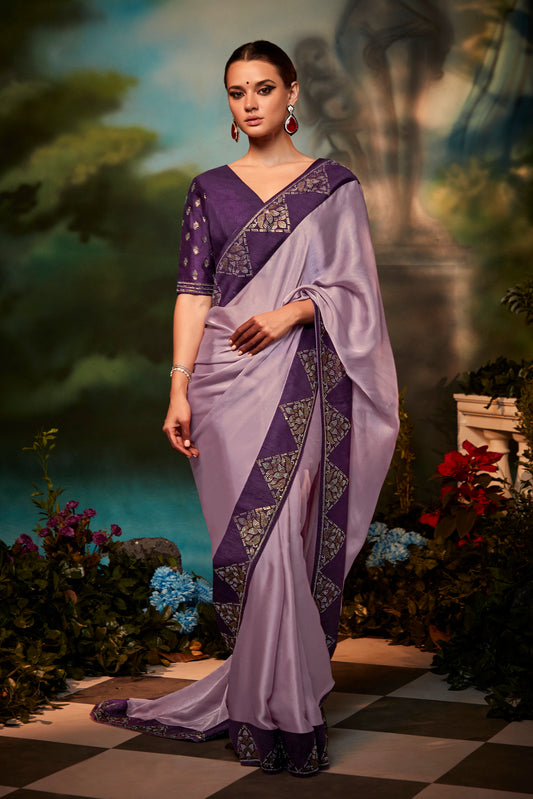 Violet Purple Feather Light Organza Saree with Designer Blouse