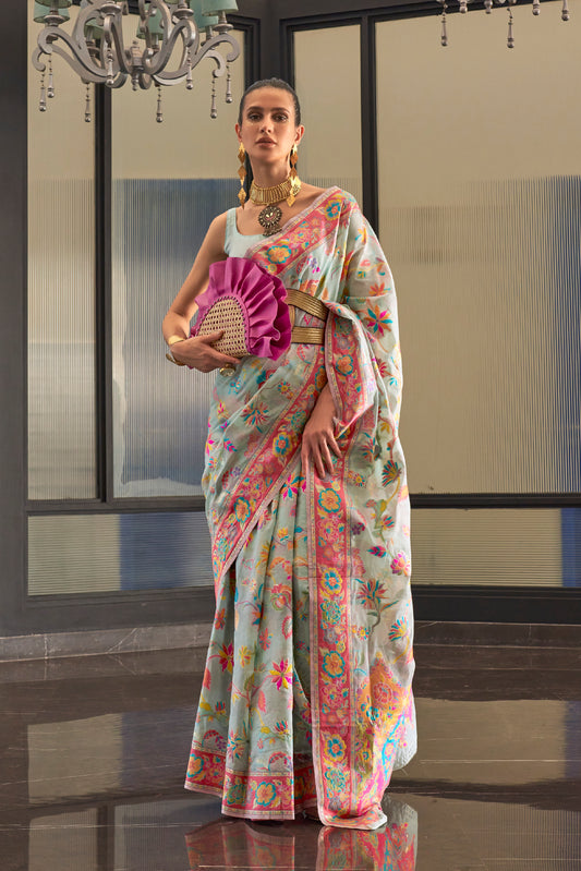 Stone Blue Floral Woven Kashmiri Designer Woven Soft Silk Saree