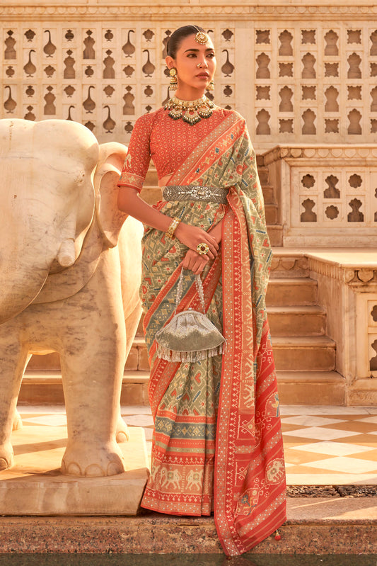 Greenish Grey Woven Patola Designer Saree with Elephant Border