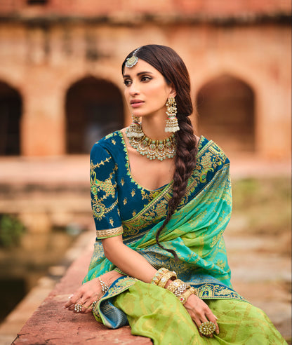 Peacock Green Heavy Bridal Embroidered Saree with Designer Embroiderd Blouse for Wedding Reception