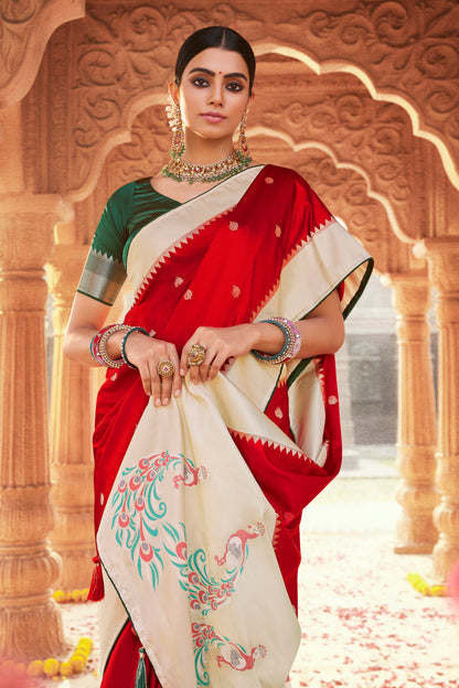 Scarlet Red Designer Paithani Saree with Unique Pallu