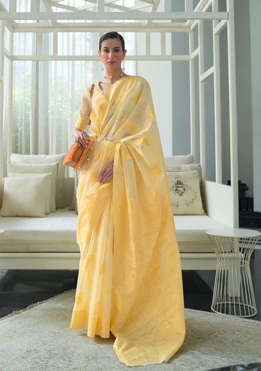 Light Yellow Pure Modal Silk Woven Lucknowi Saree