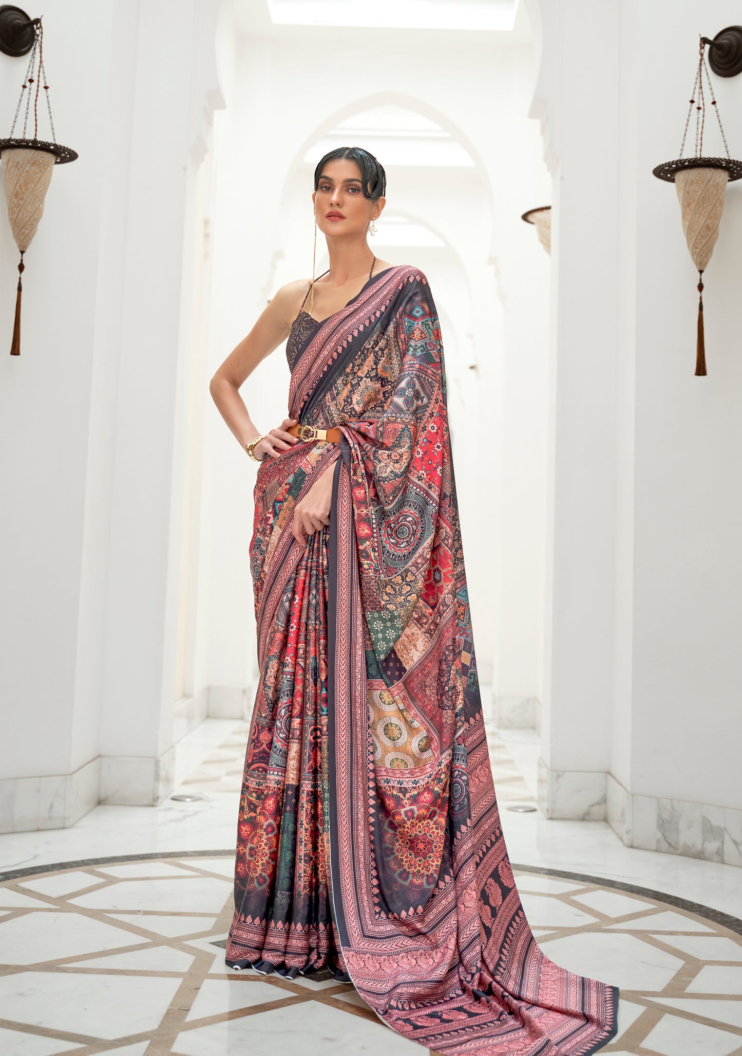 Multicolored Abstract Printed Designer Pure Satin Silk Saree with Blouse