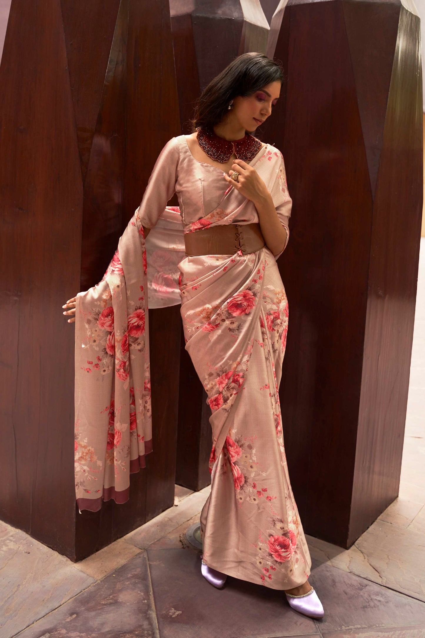 Pink Tan Floral 3D Printed Pure Satin Silk Saree for Weddings