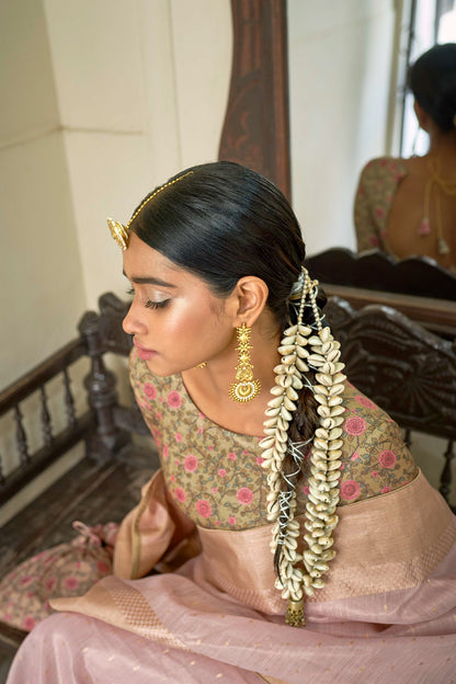 Powder Pink Zari Woven Organza Saree with Printed Blouse