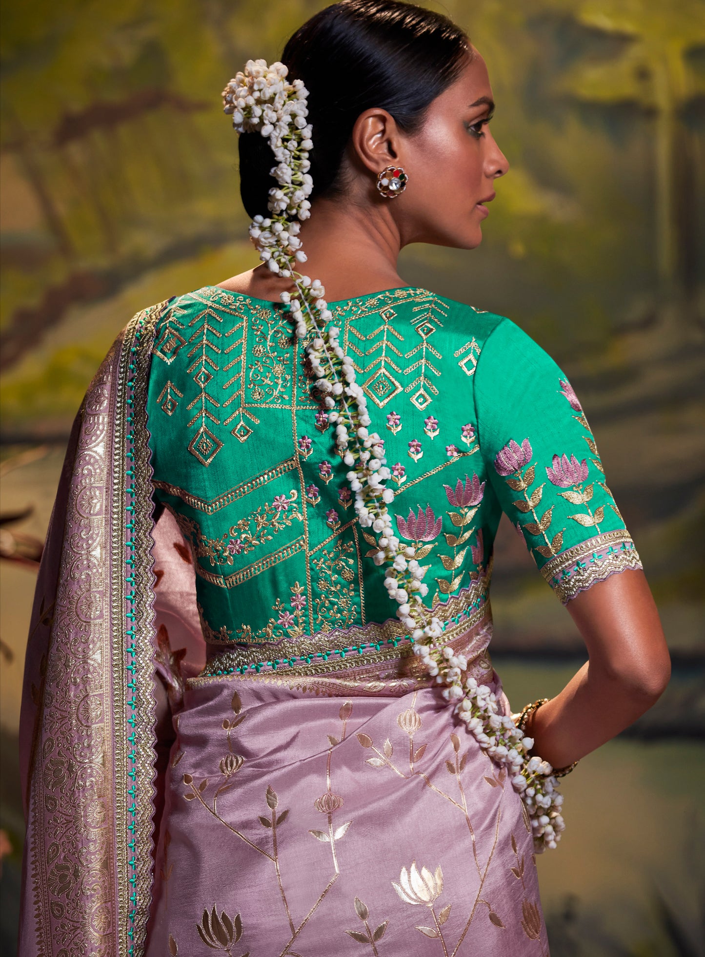 Pastel Lilac Woven Banarasi Designer Saree with Teal Blouse