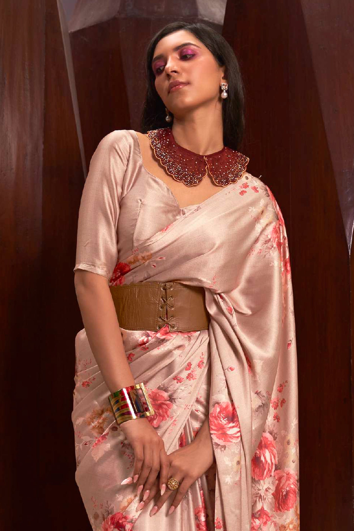 Pink Tan Floral 3D Printed Pure Satin Silk Saree for Weddings