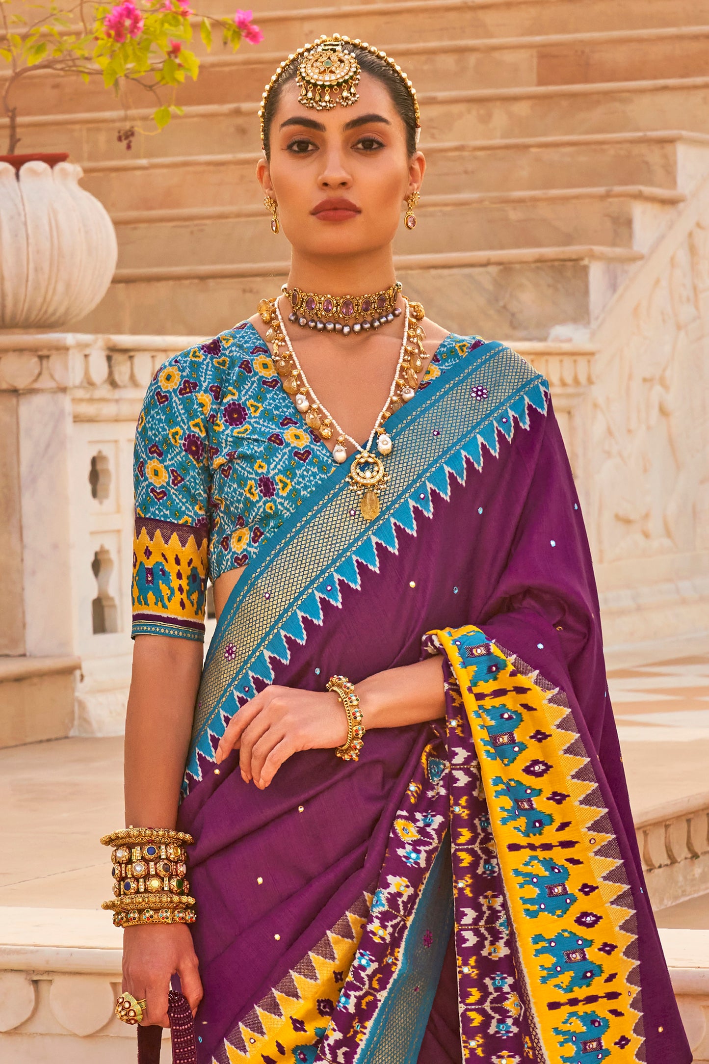 Deep Purple Patola Inspired Designer Embellished Bordered Saree