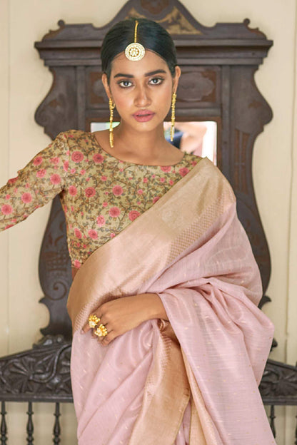 Powder Pink Zari Woven Organza Saree with Printed Blouse