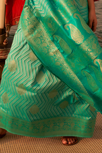 Emerald Green Pure Satin Two Tone Weaving Silk Saree For Wedding