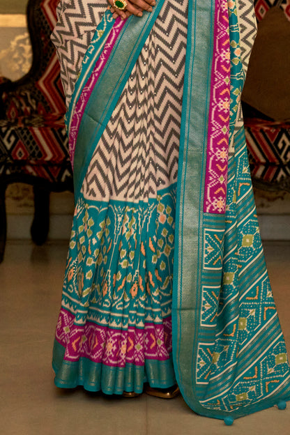 Blue with White Gray Ikat Design Patola Saree with Patola Border and Blouse