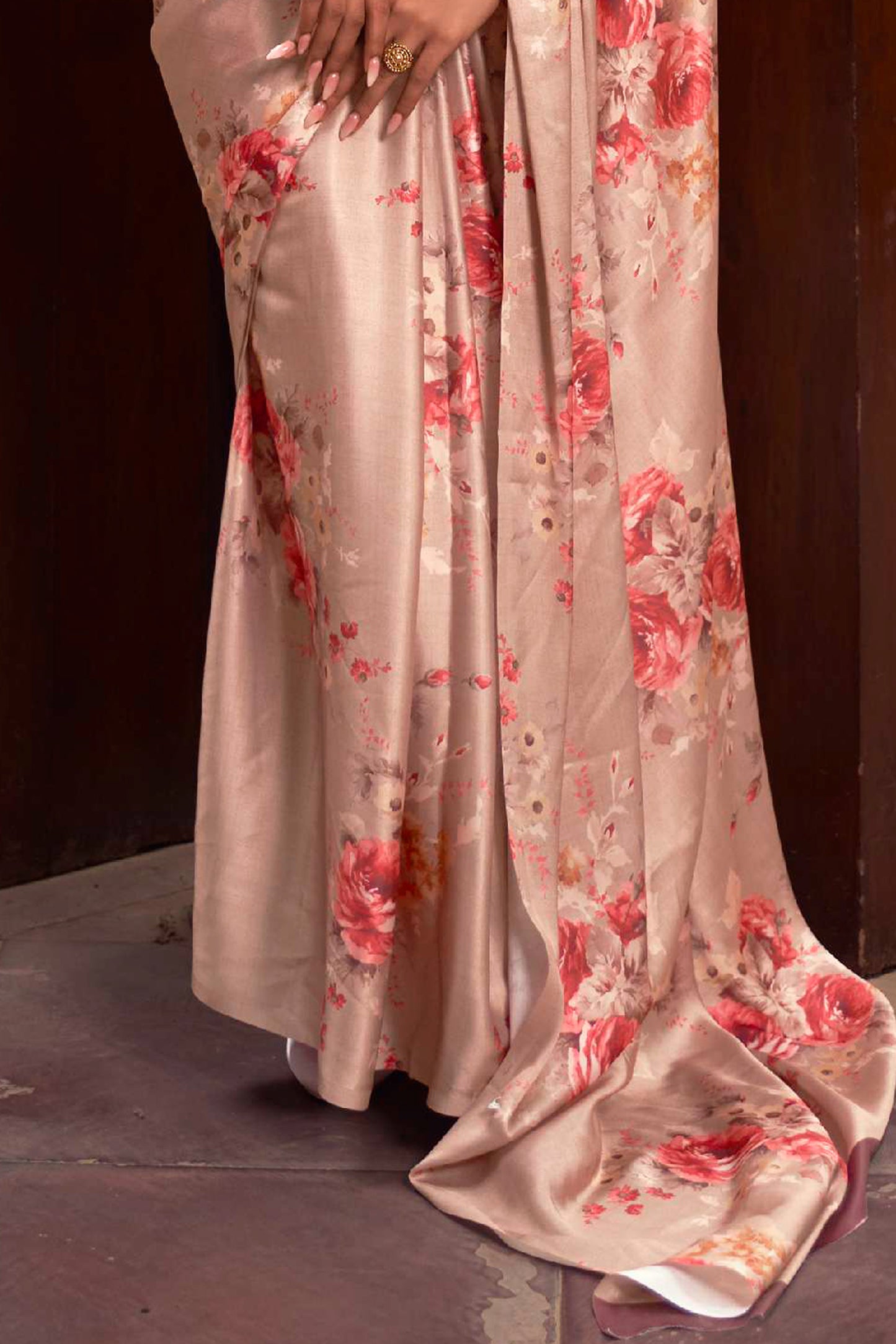 Pink Tan Floral 3D Printed Pure Satin Silk Saree for Weddings