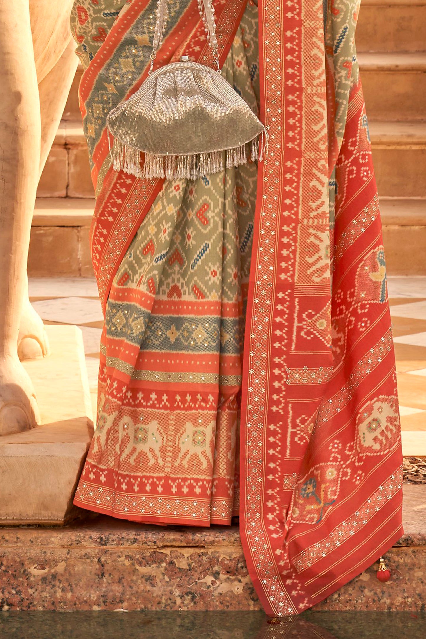 Greenish Grey Woven Patola Designer Saree with Elephant Border