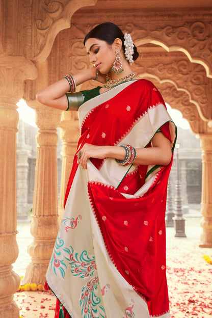 Scarlet Red Designer Paithani Saree with Unique Pallu