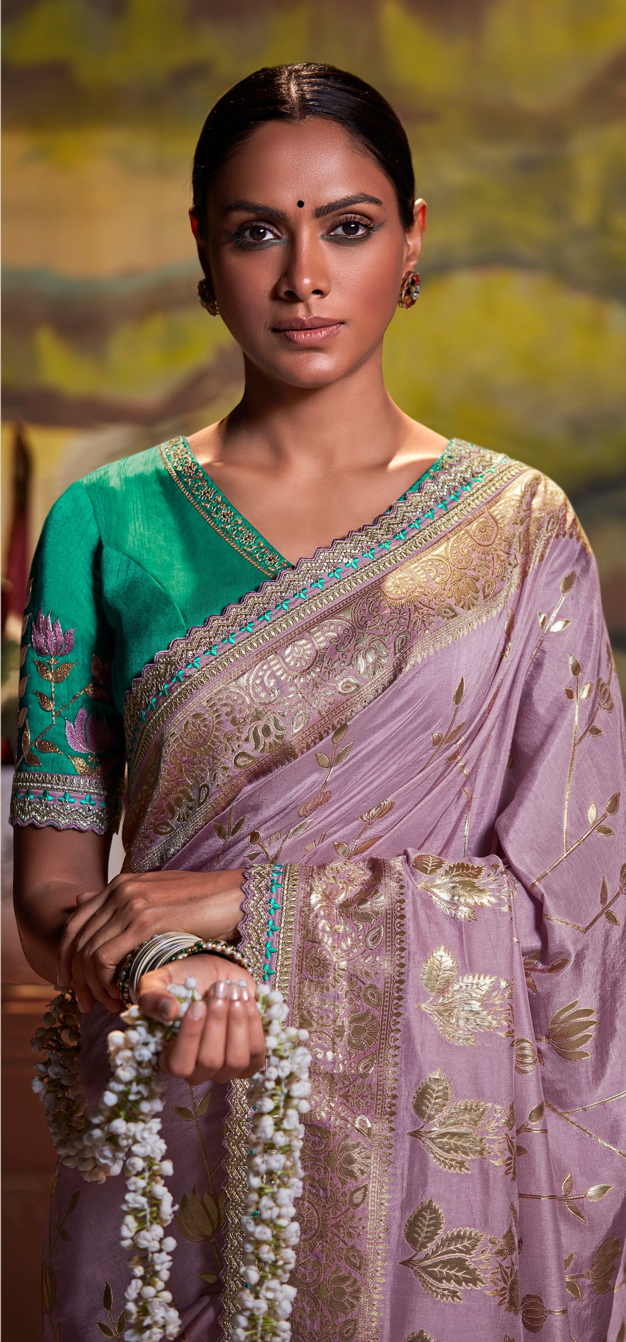 Pastel Lilac Woven Banarasi Designer Saree with Teal Blouse