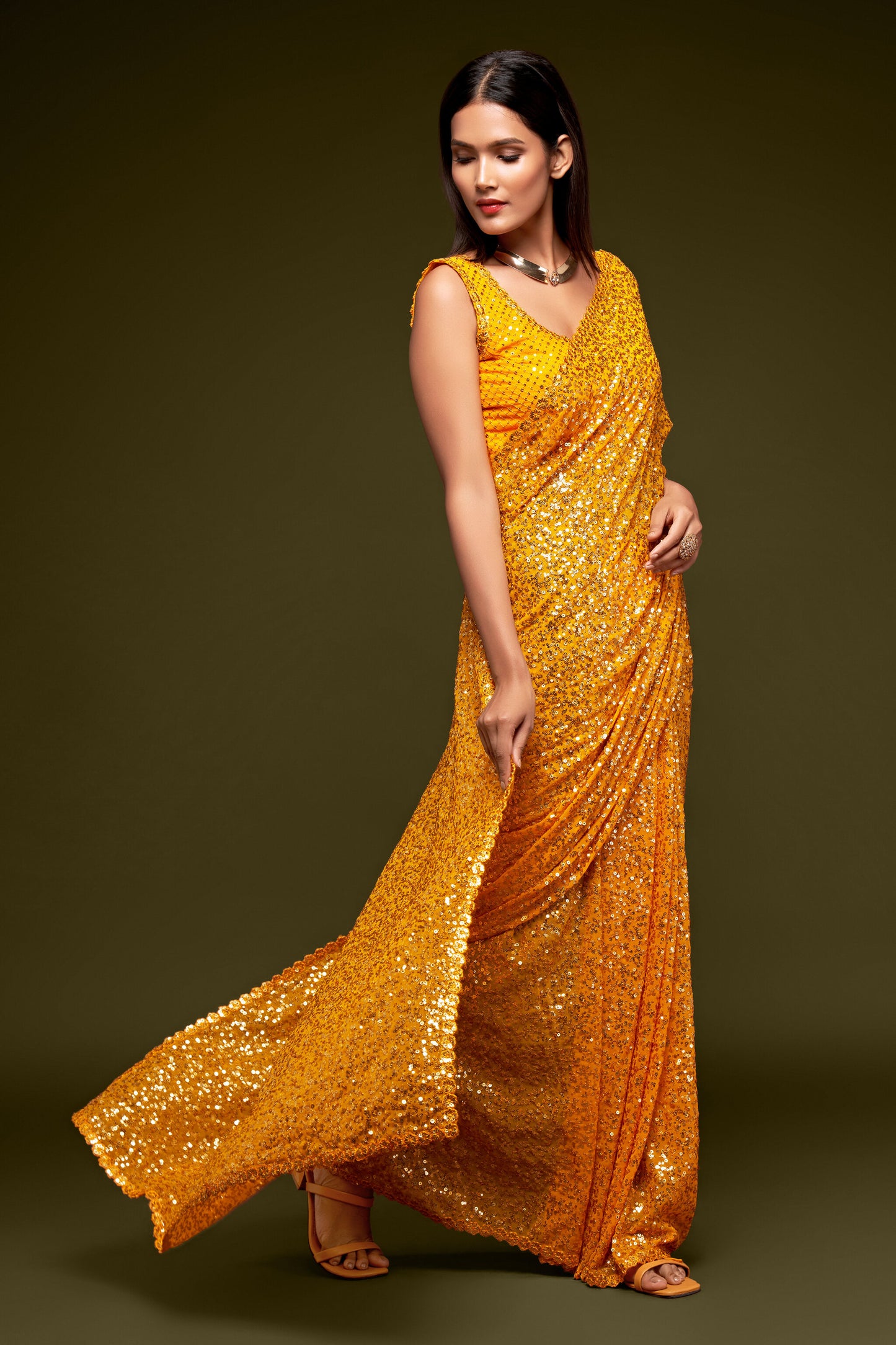 Golden Yellow Sequin emblished Designer Sparkling Georgette Saree Bloue for Every Occassions