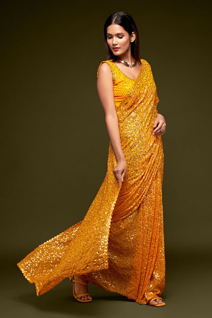 Golden Yellow Sequin emblished Designer Sparkling Georgette Saree Bloue for Every Occassions