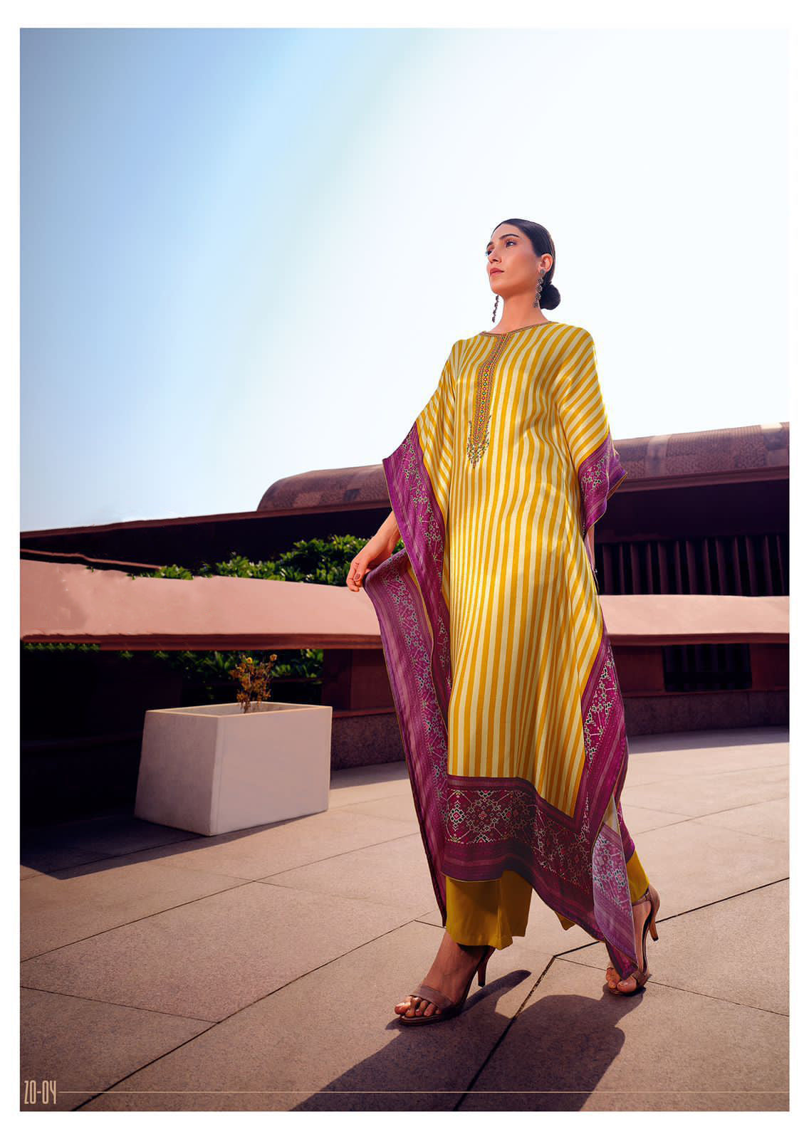 Yellow White Stripe Kaftan Dress in Pure Satin with Purple Patola Border