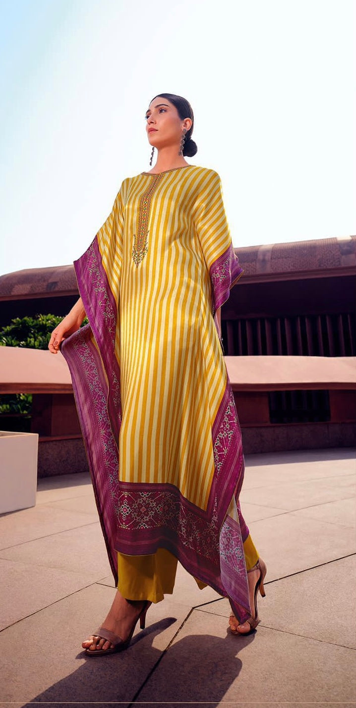 Yellow White Stripe Kaftan Dress in Pure Satin with Purple Patola Border