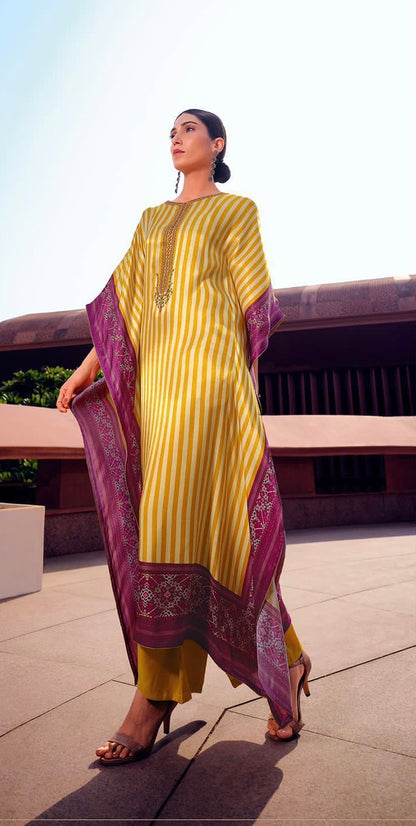 Yellow White Stripe Kaftan Dress in Pure Satin with Purple Patola Border