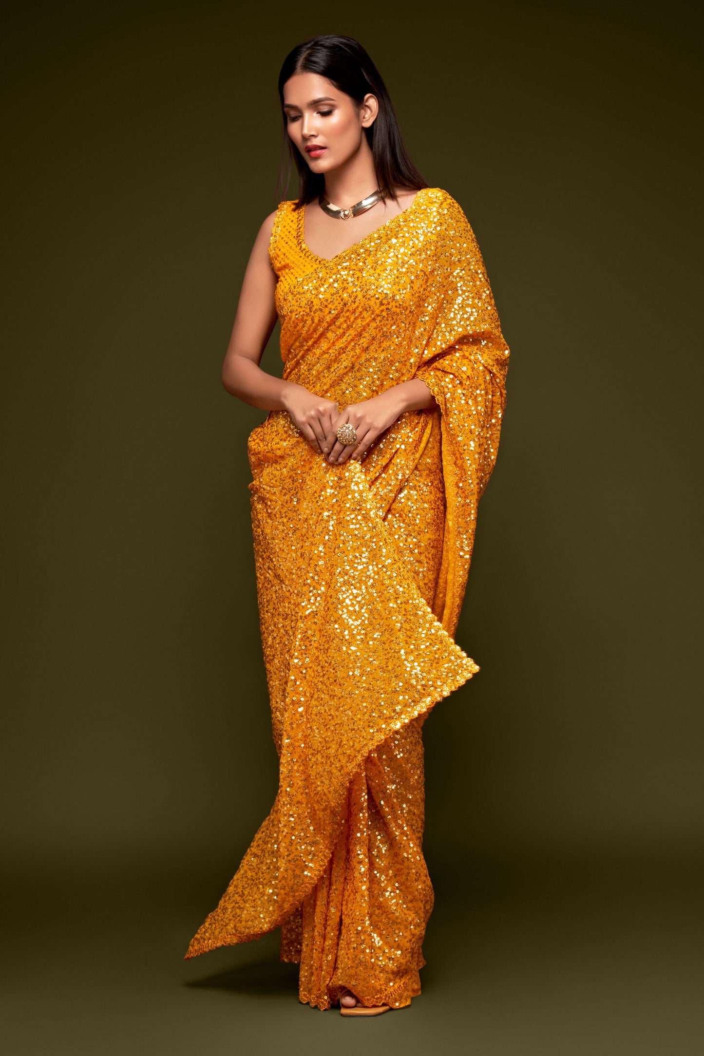 Golden Yellow Sequin emblished Designer Sparkling Georgette Saree Bloue for Every Occassions