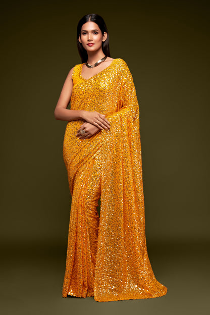 Golden Yellow Sequin emblished Designer Sparkling Georgette Saree Bloue for Every Occassions