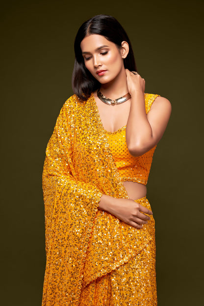 Golden Yellow Sequin emblished Designer Sparkling Georgette Saree Bloue for Every Occassions