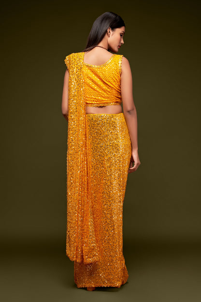 Golden Yellow Sequin emblished Designer Sparkling Georgette Saree Bloue for Every Occassions