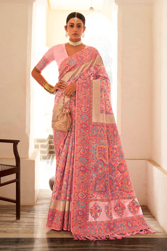 Baby Pink Kashmiri Kani Jamawar Design Inspired Woven Soft Modal Silk Saree