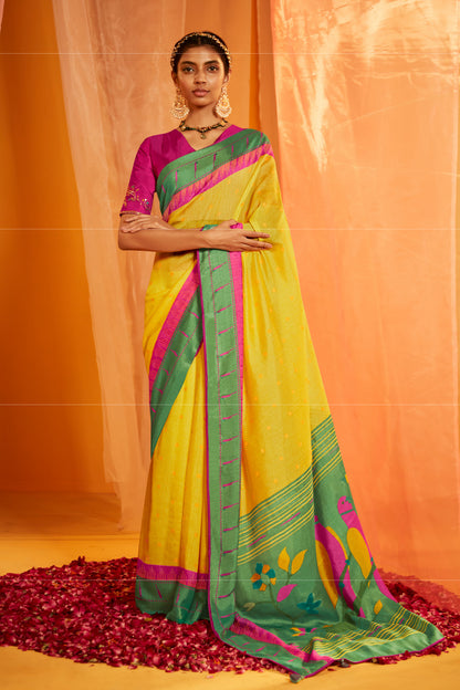 Pastel Paithani Cotton Silk Saree with Green Pallu