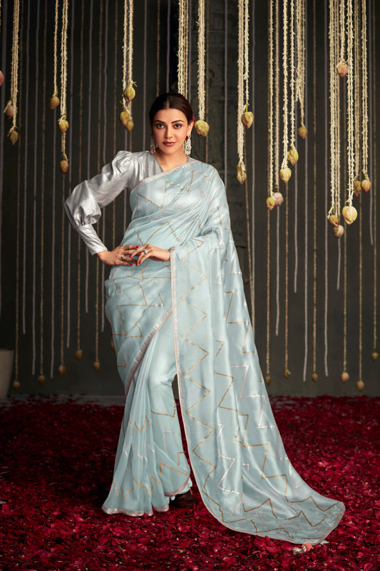 Baby Blue Mettalic Organza Zigzag Designer Saree