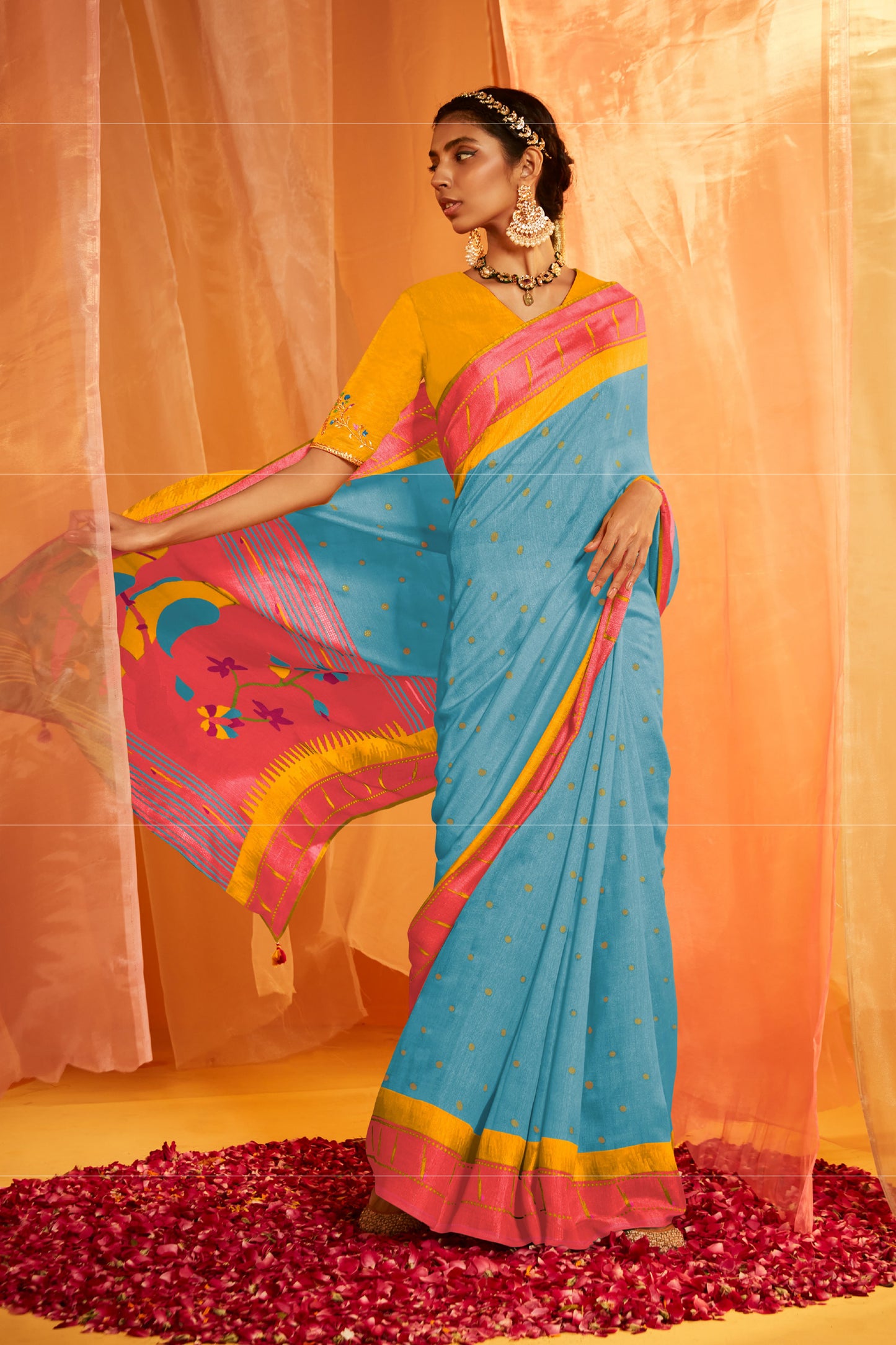 Pastel Blue Paithani Saree with Contrast Pink Pallu