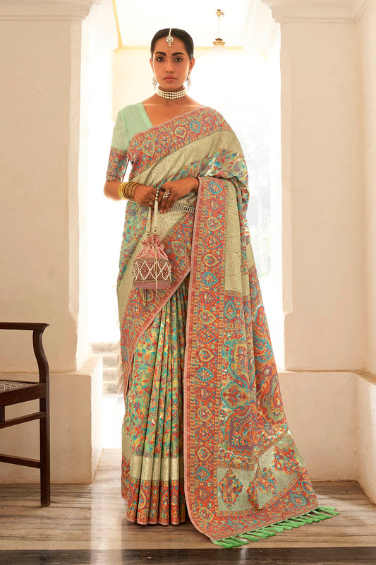 Pistachio Green Kashmiri Kani Jamawar Design Inspired Woven Soft Modal Silk Saree