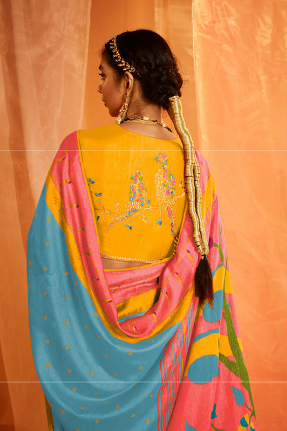 Pastel Blue Paithani Saree with Contrast Pink Pallu