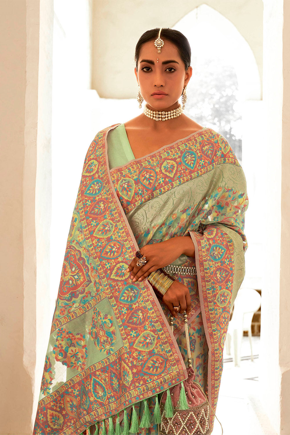 Pistachio Green Kashmiri Kani Jamawar Design Inspired Woven Soft Modal Silk Saree