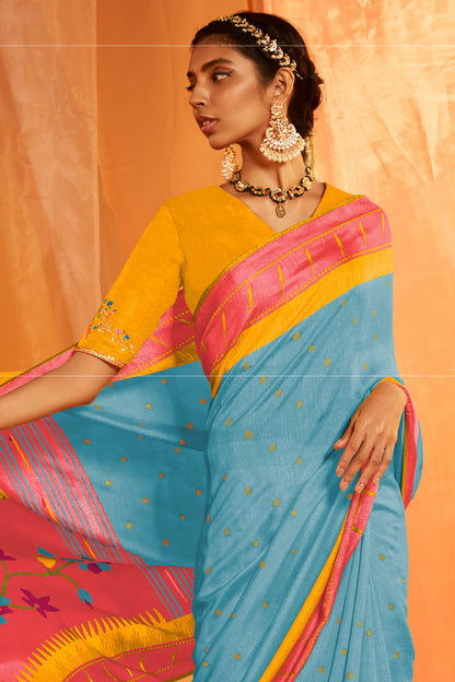 Pastel Blue Paithani Saree with Contrast Pink Pallu