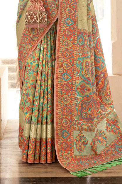 Pistachio Green Kashmiri Kani Jamawar Design Inspired Woven Soft Modal Silk Saree