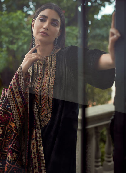 Black Velvet Embroidered Salwar Suit with Patola Dupatta