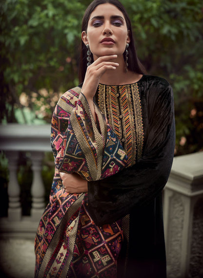 Black Velvet Embroidered Salwar Suit with Patola Dupatta