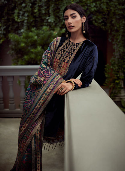 Velvet Blue Velvet Embroidered Salwar Suit with Patola Dupatta