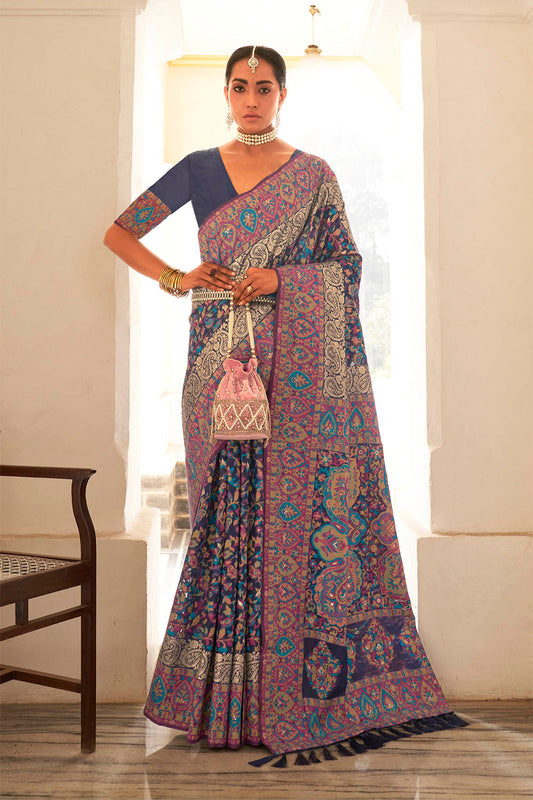 Navy Blue Kashmiri Kani Jamawar Design Inspired Woven Soft Modal Silk Saree