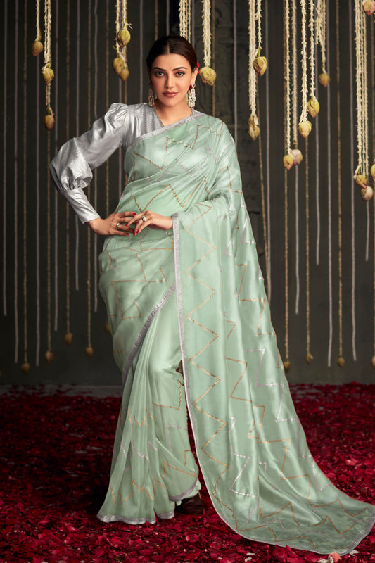 Light Pistachio Mettalic Organza Semi Sheer Designer Saree